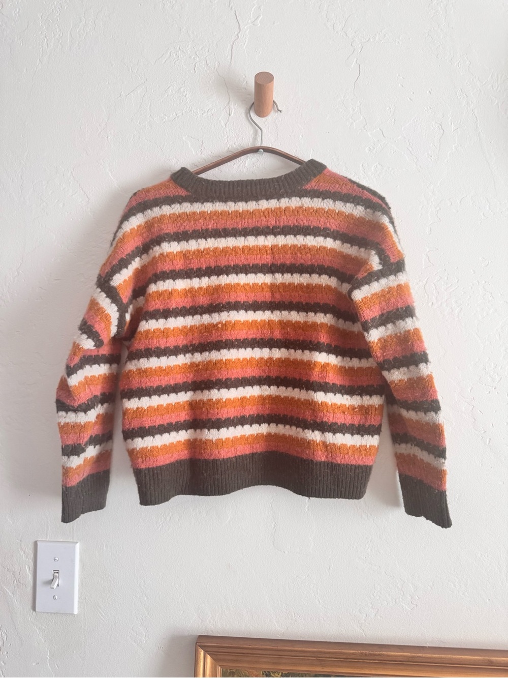 Striped Crewneck Sweater in Olive green, Orange & Cream